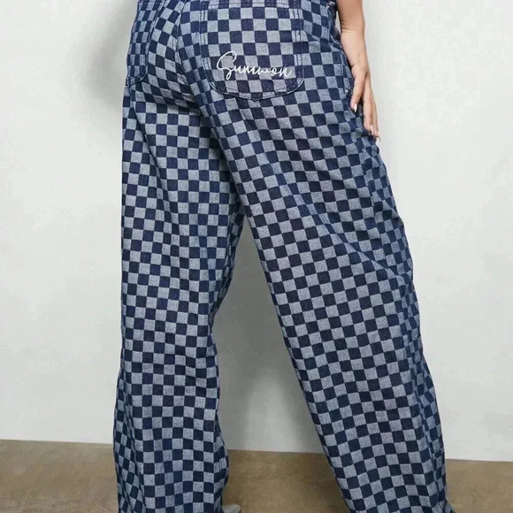 Blue Casual Women's Wide Leg Carpenter Checkboard Jeans - Picture 3 of 4